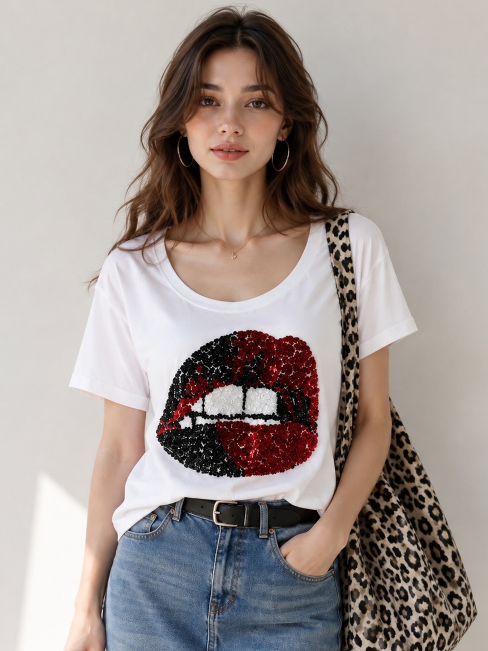 Express White Scoop Neck Tee with Red & Black Sequin Lip Graphic